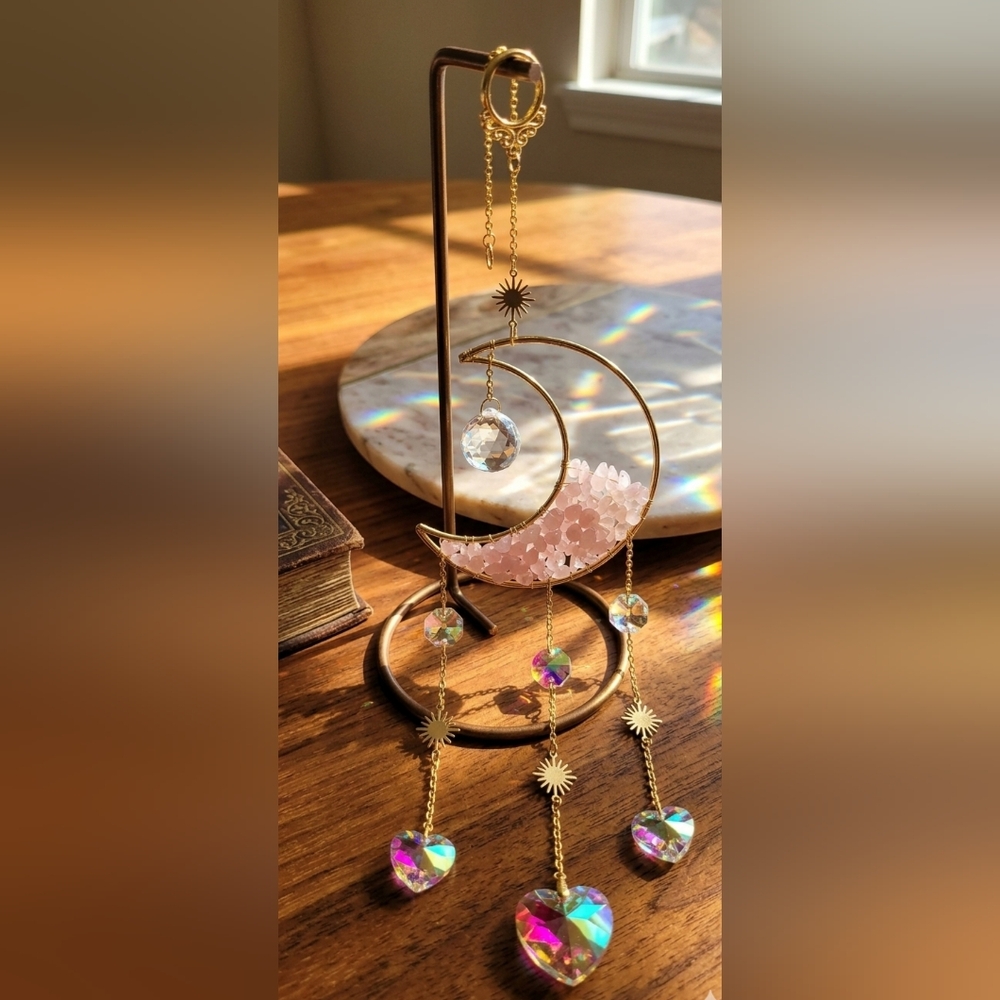 Gold Crescent Moon Suncatcher with Pink Rose Quartz Chips and Iridescent Hearts